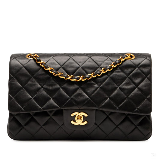 Second hand Chanel Vintage Classic Double Flap Medium Lambskin Leather Matelassè Shoulder Bag Black - Tabita Bags