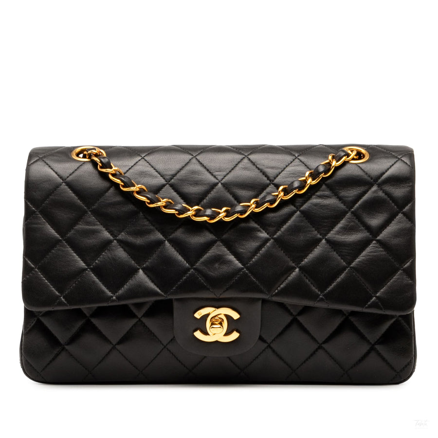 Second hand Chanel Vintage Classic Double Flap Medium Lambskin Leather Matelassè Shoulder Bag Black - Tabita Bags