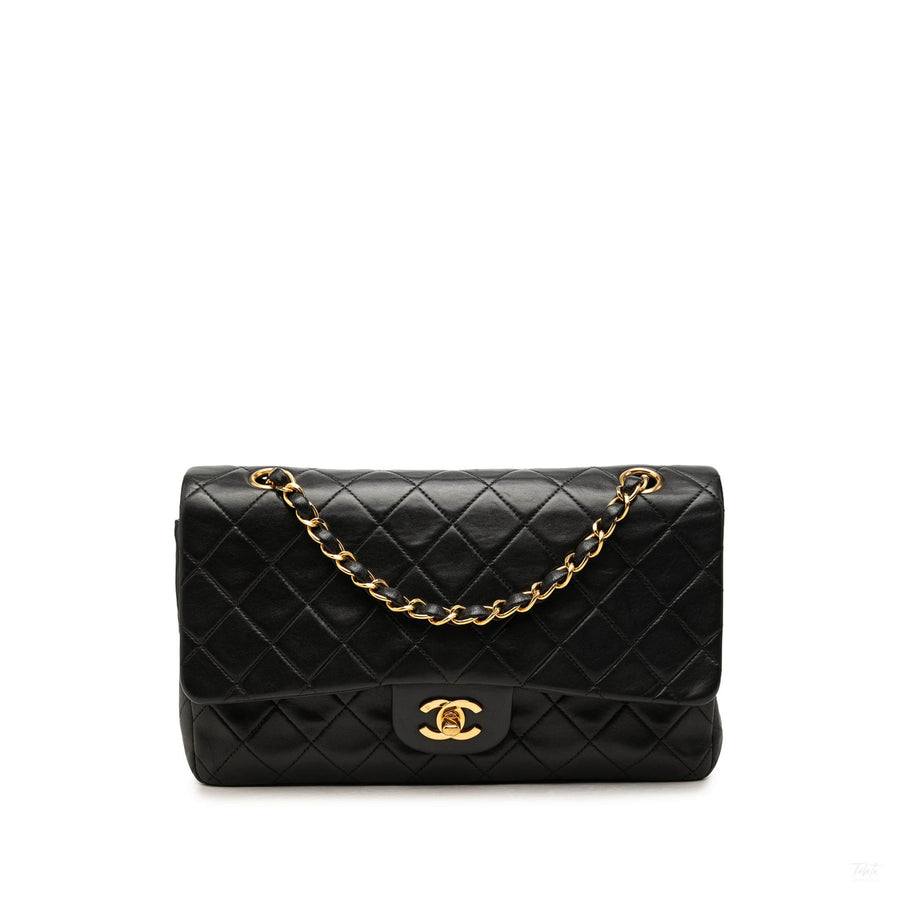 Second hand Chanel Vintage Classic Double Flap Medium Lambskin Leather Matelassè Shoulder Bag Black - Tabita Bags