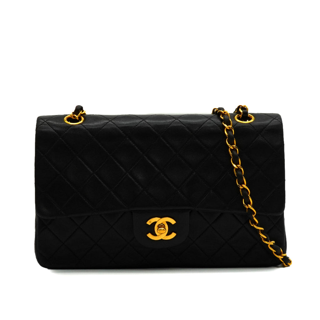 Second hand Chanel Vintage Classic Double Flap Medium Lambskin Leather Matelassè Shoulder Bag Black - Tabita Bags