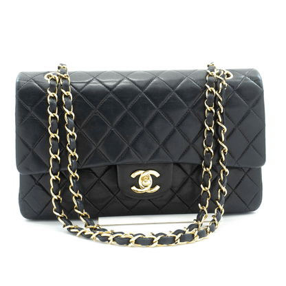 Second hand Chanel Vintage Classic Double Flap Medium Lambskin Leather Matelassè Shoulder Bag Black - Tabita Bags