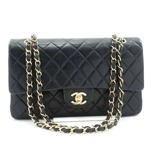 Second hand Chanel Vintage Classic Double Flap Medium Lambskin Leather Matelassè Shoulder Bag Black - Tabita Bags