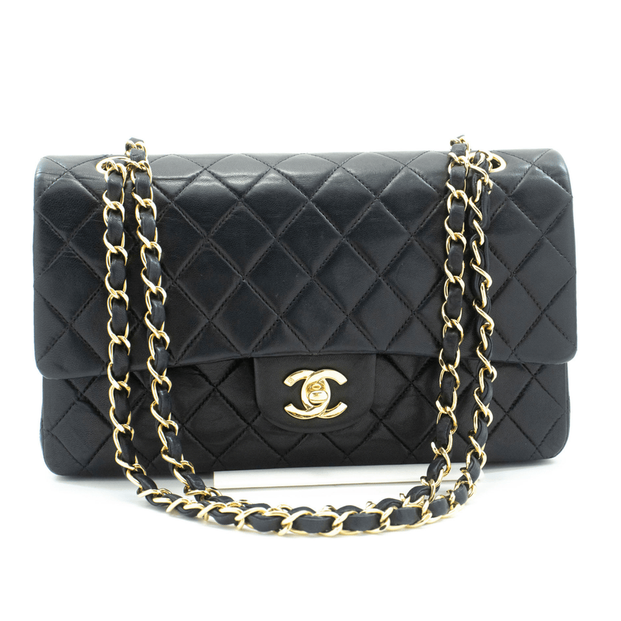 Second hand Chanel Vintage Classic Double Flap Medium Lambskin Leather Matelassè Shoulder Bag Black - Tabita Bags