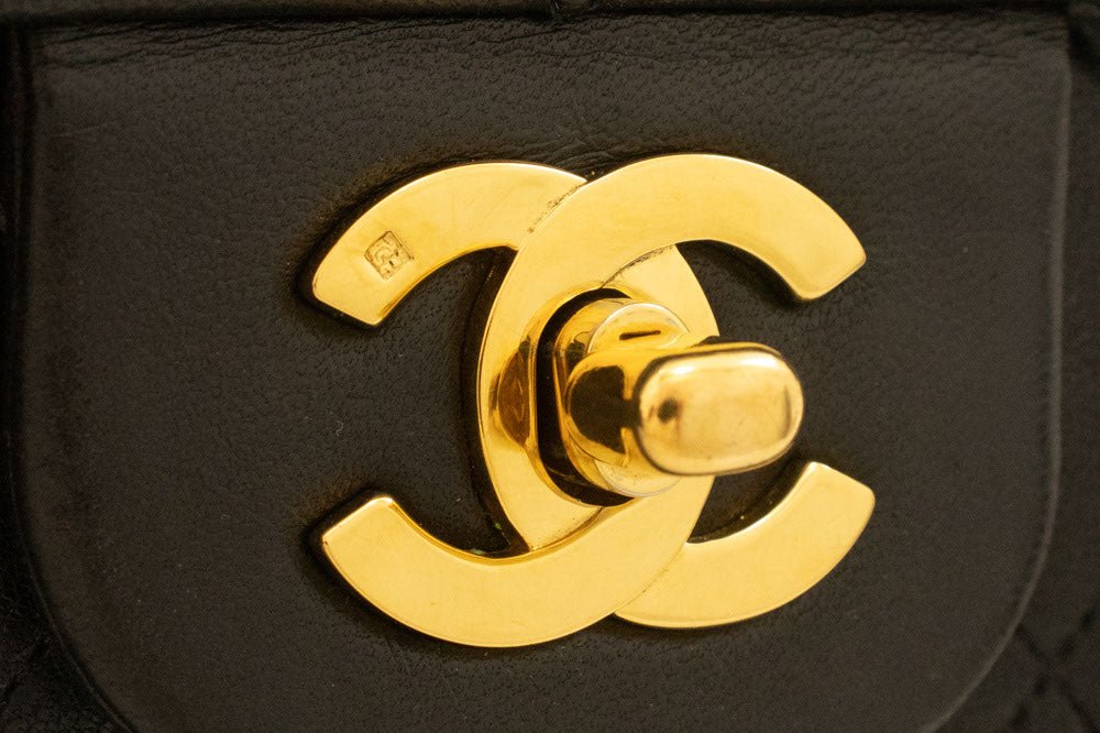 Second hand Chanel Vintage Classic Double Flap Medium Lambskin Leather Matelassè Shoulder Bag Black - Tabita Bags