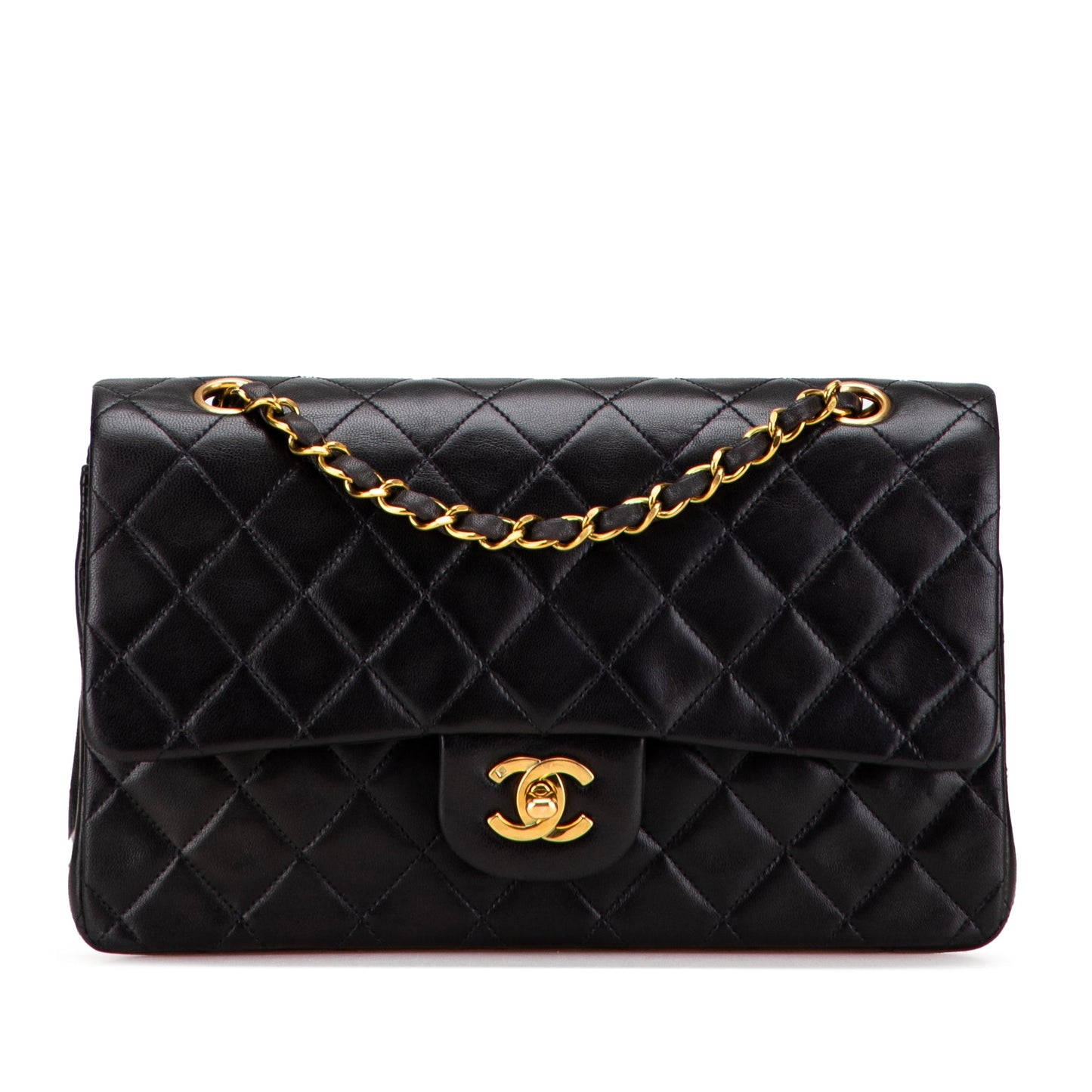 Second hand Chanel Vintage Classic Double Flap Medium Lambskin Leather Matelassè Shoulder Bag Black - Tabita Bags