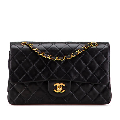 Second hand Chanel Vintage Classic Double Flap Medium Lambskin Leather Matelassè Shoulder Bag Black - Tabita Bags