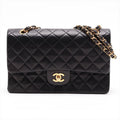 Second hand Chanel Vintage Classic Double Flap Medium Lambskin Leather Matelassè Shoulder Bag Black - Tabita Bags
