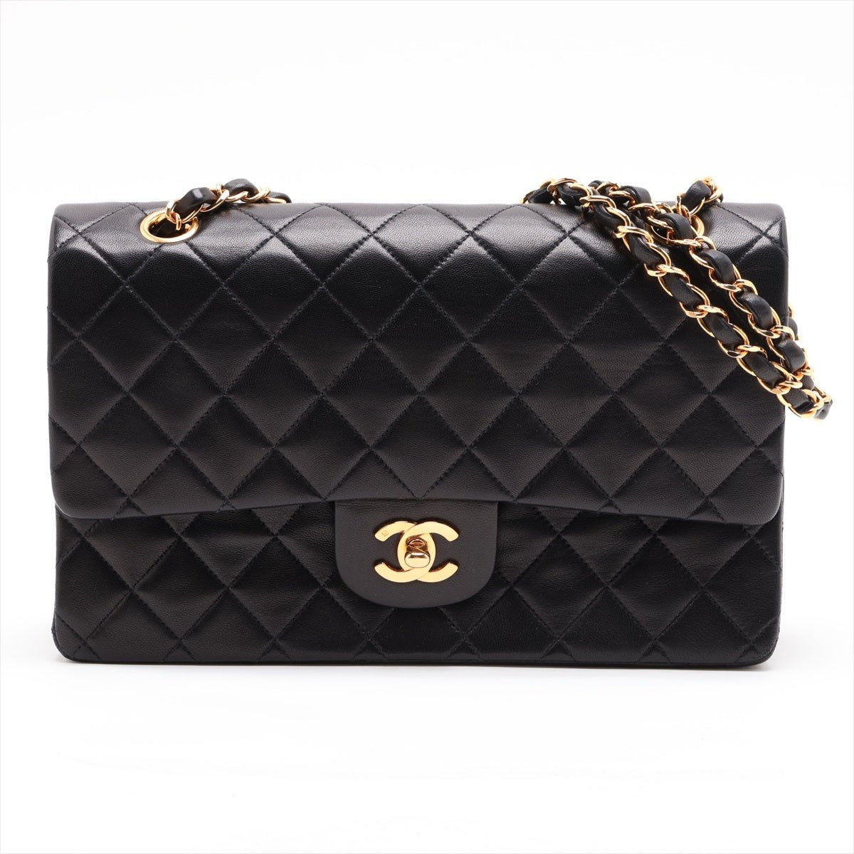 Second hand Chanel Vintage Classic Double Flap Medium Lambskin Leather Matelassè Shoulder Bag Black - Tabita Bags