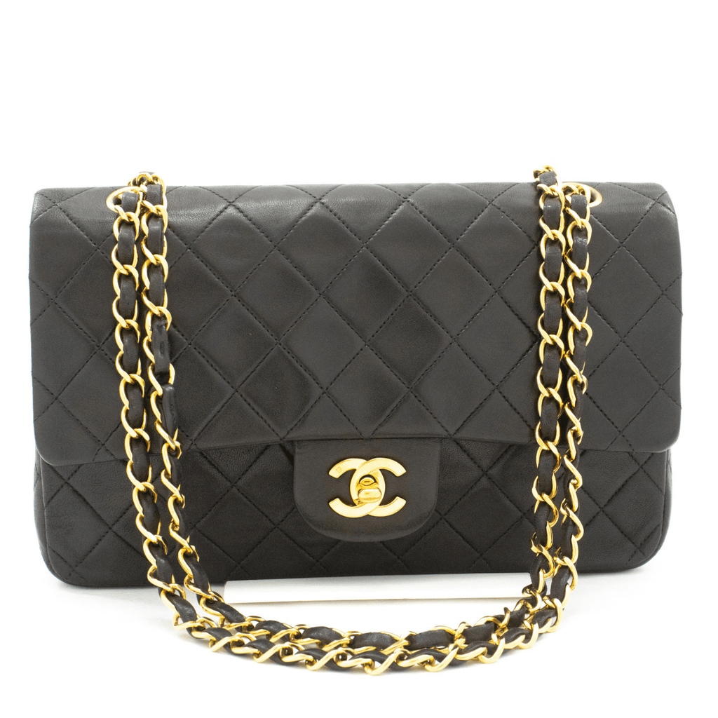 Second hand Chanel Vintage Classic Double Flap Medium Lambskin Leather Matelassè Shoulder Bag Black - Tabita Bags