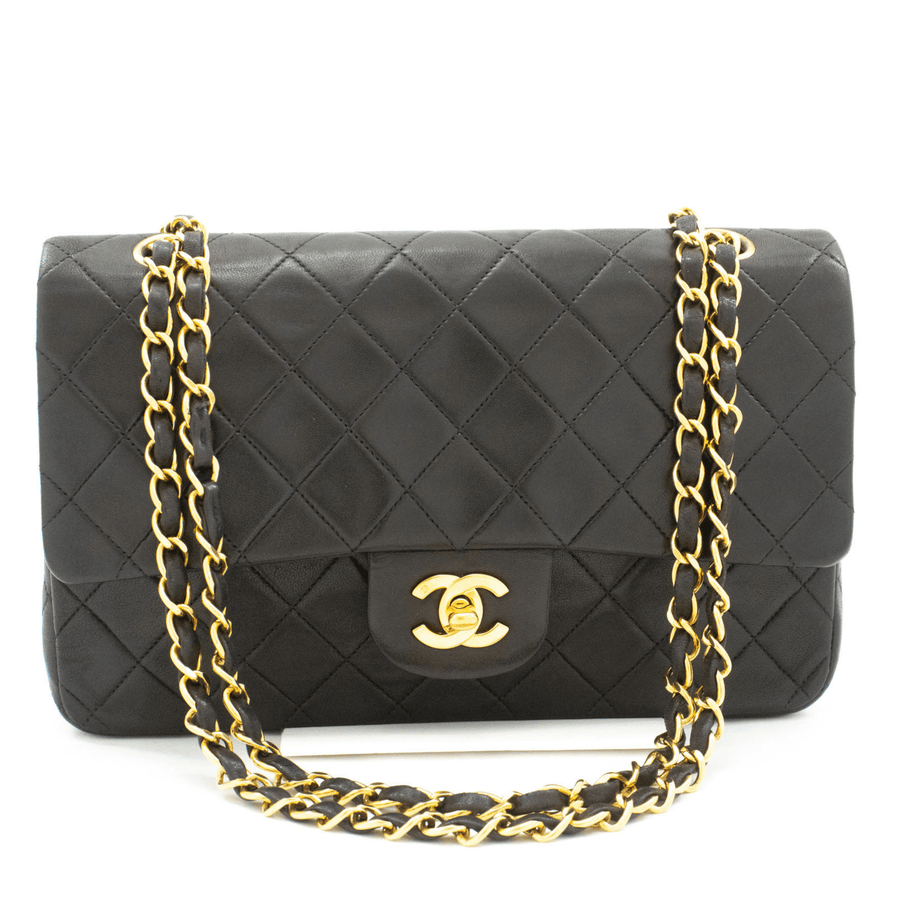 Second hand Chanel Vintage Classic Double Flap Medium Lambskin Leather Matelassè Shoulder Bag Black - Tabita Bags
