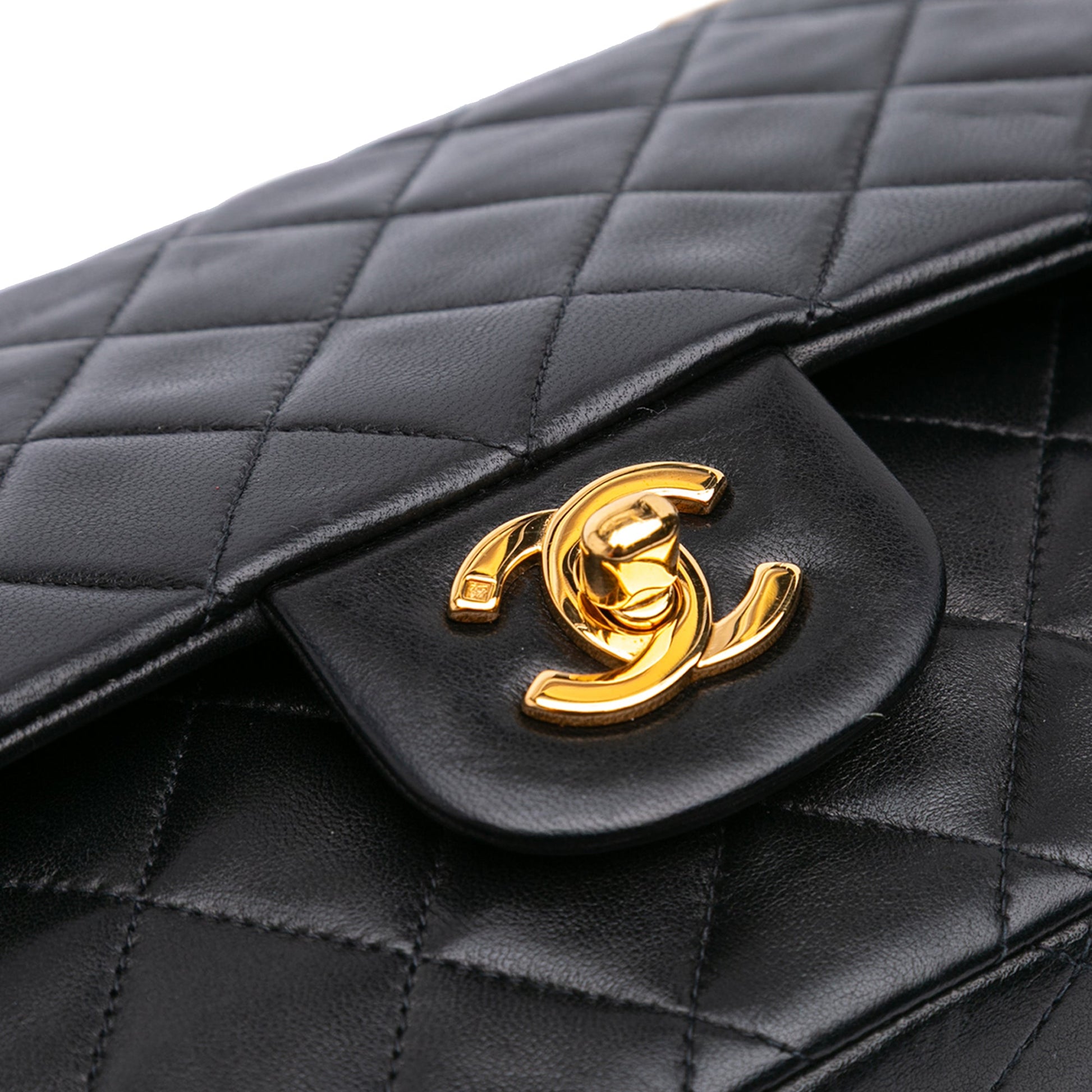 Second hand Chanel Vintage Classic Double Flap Medium Lambskin Leather Matelassè Shoulder Bag Black - Tabita Bags