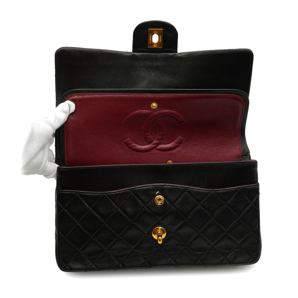 Second hand Chanel Vintage Classic Double Flap Medium Lambskin Leather Matelassè Shoulder Bag Black - Tabita Bags