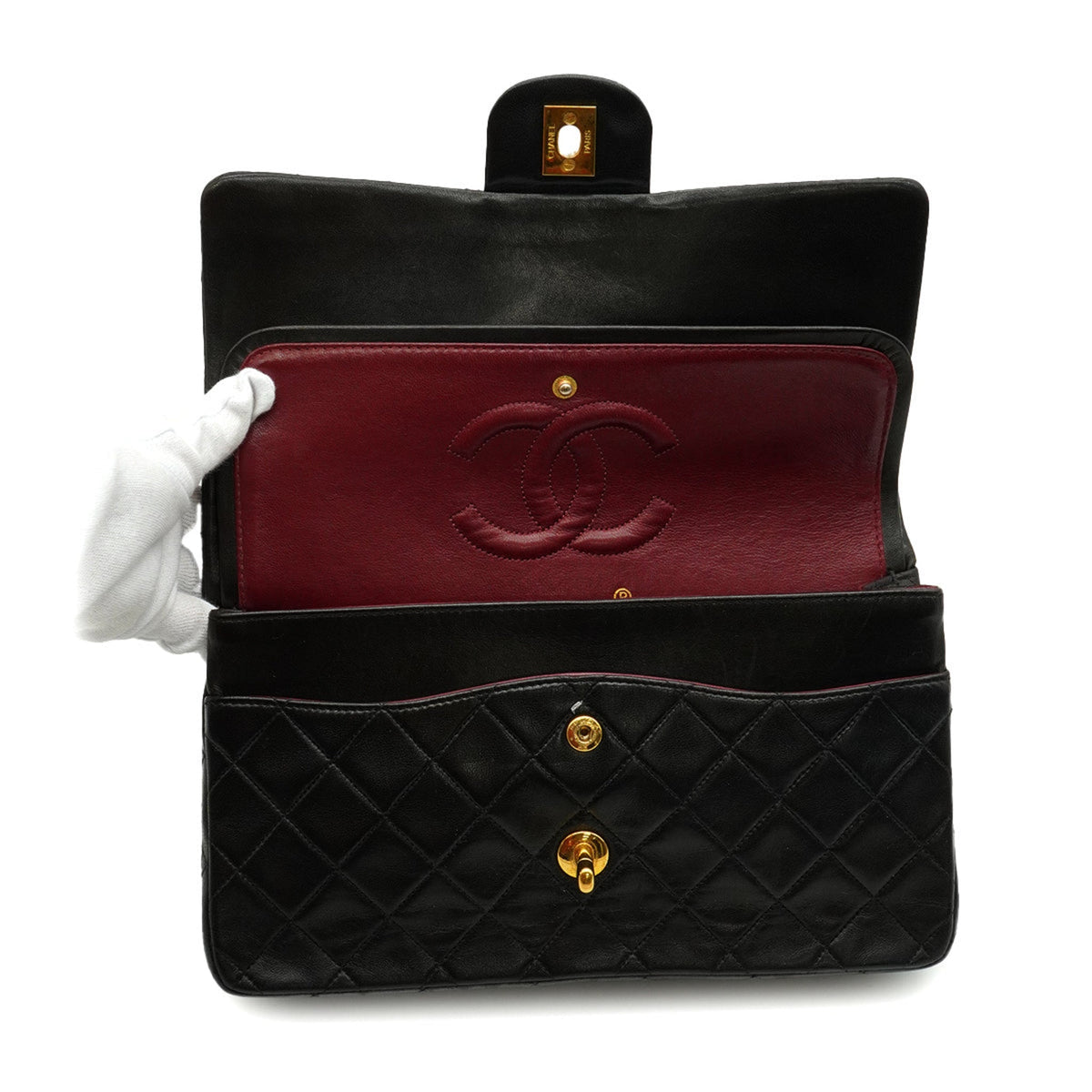 Second hand Chanel Vintage Classic Double Flap Medium Lambskin Leather Matelassè Shoulder Bag Black - Tabita Bags