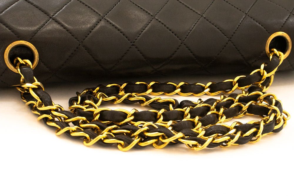 Second hand Chanel Vintage Classic Double Flap Medium Lambskin Leather Matelassè Shoulder Bag Black - Tabita Bags