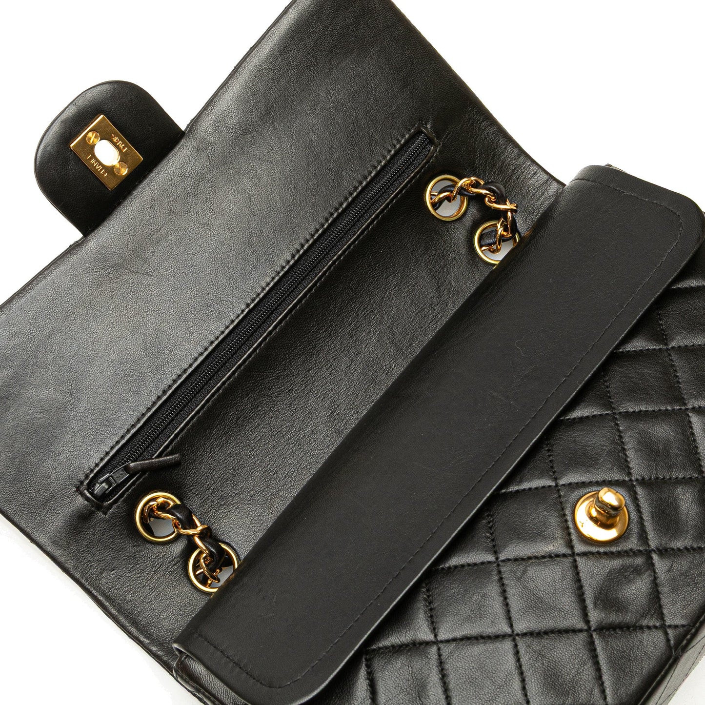 Second hand Chanel Vintage Classic Double Flap Medium Lambskin Leather Matelassè Shoulder Bag Black - Tabita Bags
