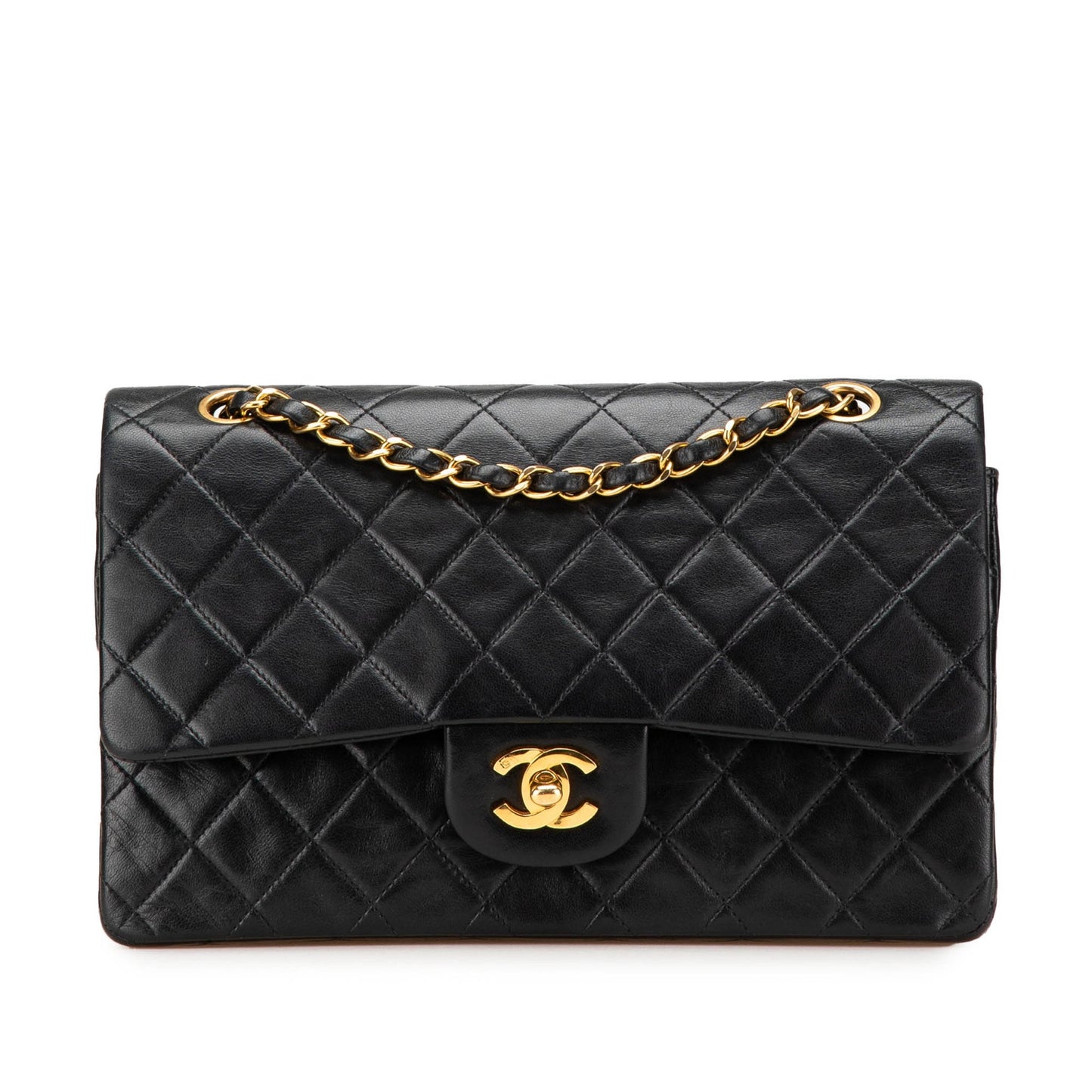 Second hand Chanel Vintage Classic Double Flap Medium Lambskin Leather Matelassè Shoulder Bag Black - Tabita Bags