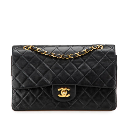 Second hand Chanel Vintage Classic Double Flap Medium Lambskin Leather Matelassè Shoulder Bag Black - Tabita Bags