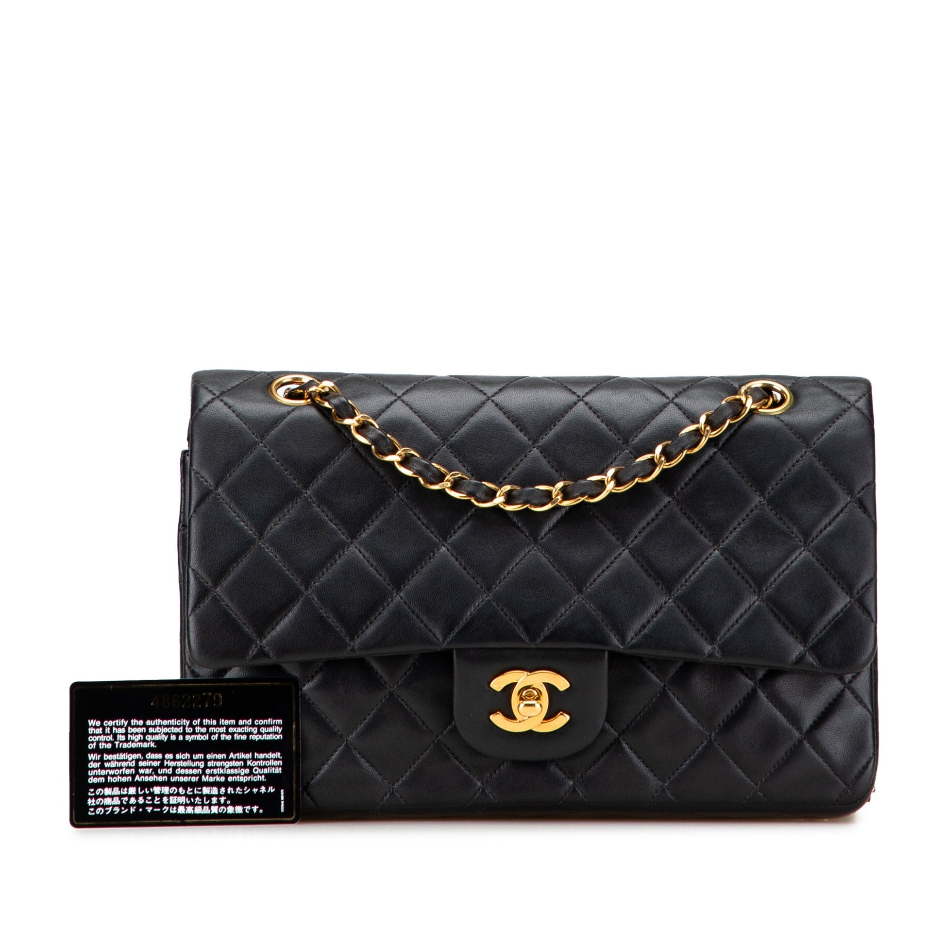 Second hand Chanel Vintage Classic Double Flap Medium Lambskin Leather Matelassè Shoulder Bag Black - Tabita Bags
