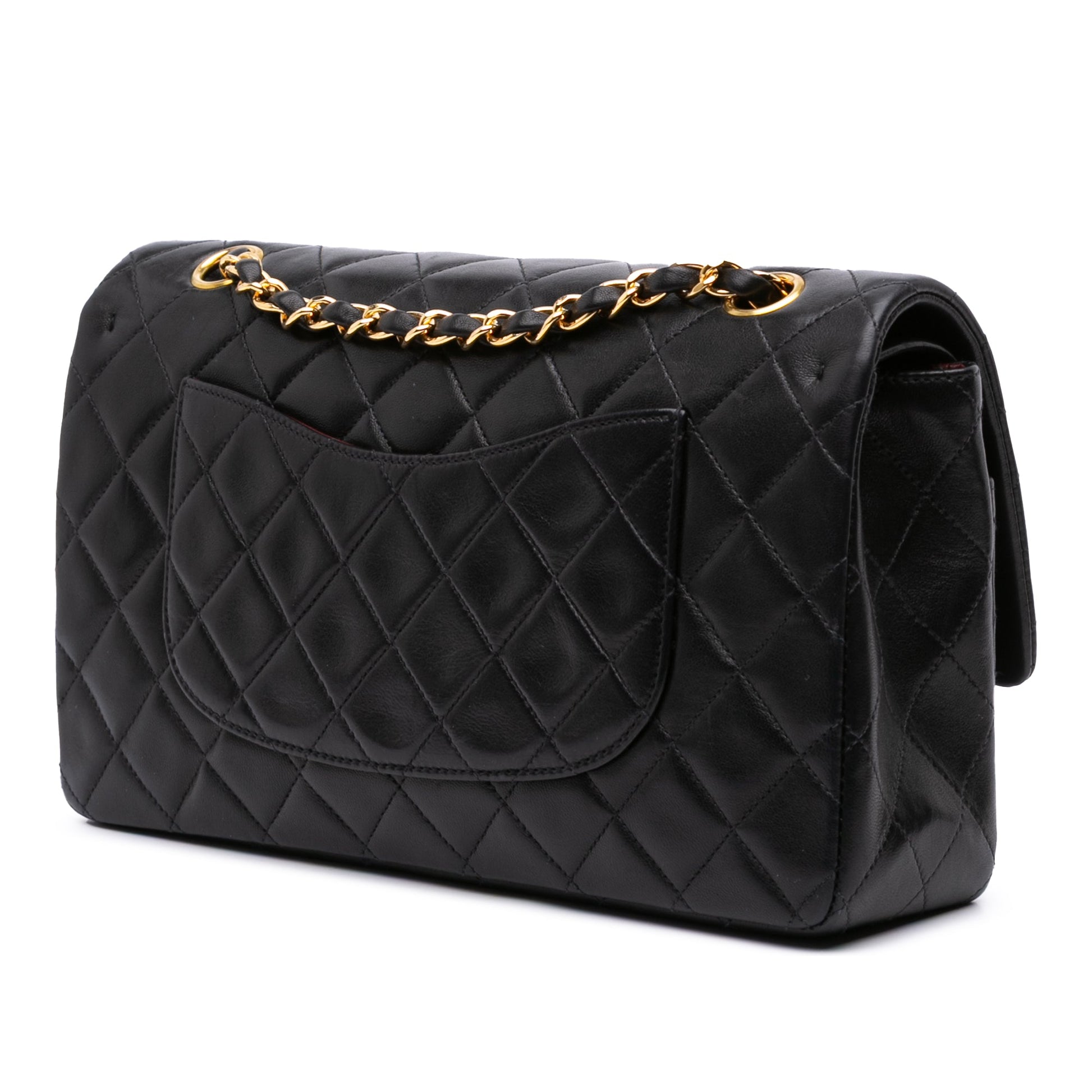 Second hand Chanel Vintage Classic Double Flap Medium Lambskin Leather Matelassè Shoulder Bag Black - Tabita Bags