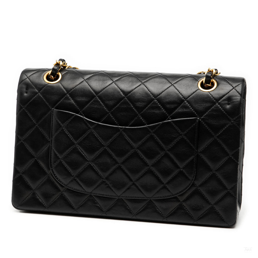 Second hand Chanel Vintage Classic Double Flap Medium Lambskin Leather Matelassè Shoulder Bag Black - Tabita Bags