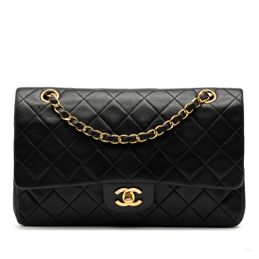 Second hand Chanel Vintage Classic Double Flap Medium Lambskin Leather Matelassè Shoulder Bag Black - Tabita Bags