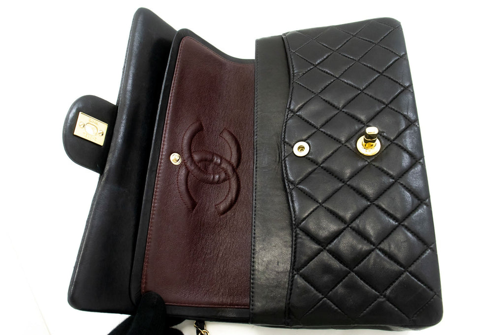 Second hand Chanel Vintage Classic Double Flap Medium Lambskin Leather Matelassè Shoulder Bag Black - Tabita Bags