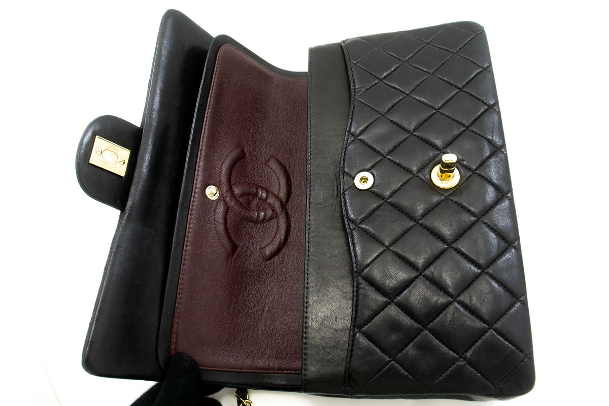 Second hand Chanel Vintage Classic Double Flap Medium Lambskin Leather Matelassè Shoulder Bag Black - Tabita Bags