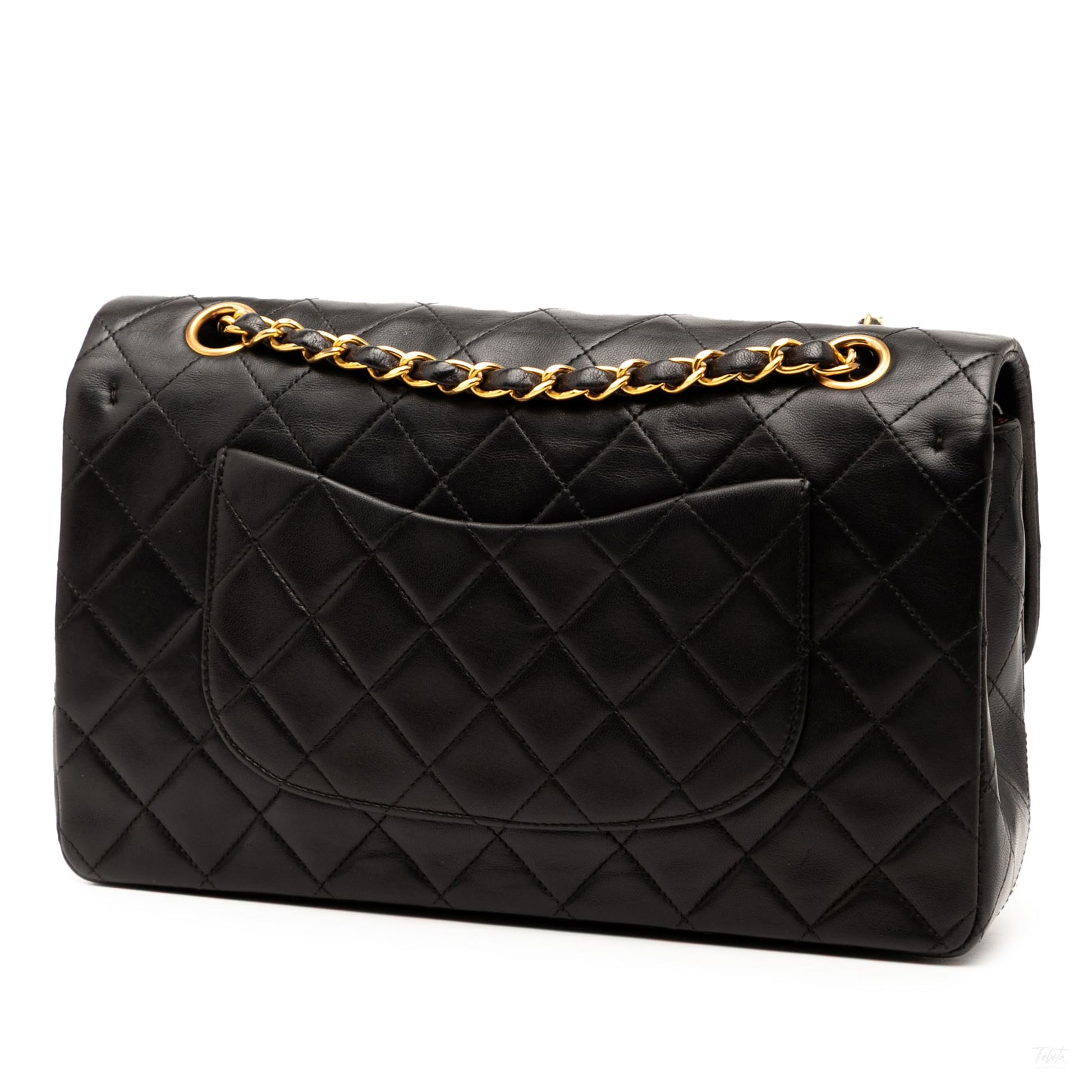 Second hand Chanel Vintage Classic Double Flap Medium Lambskin Leather Matelassè Shoulder Bag Black - Tabita Bags