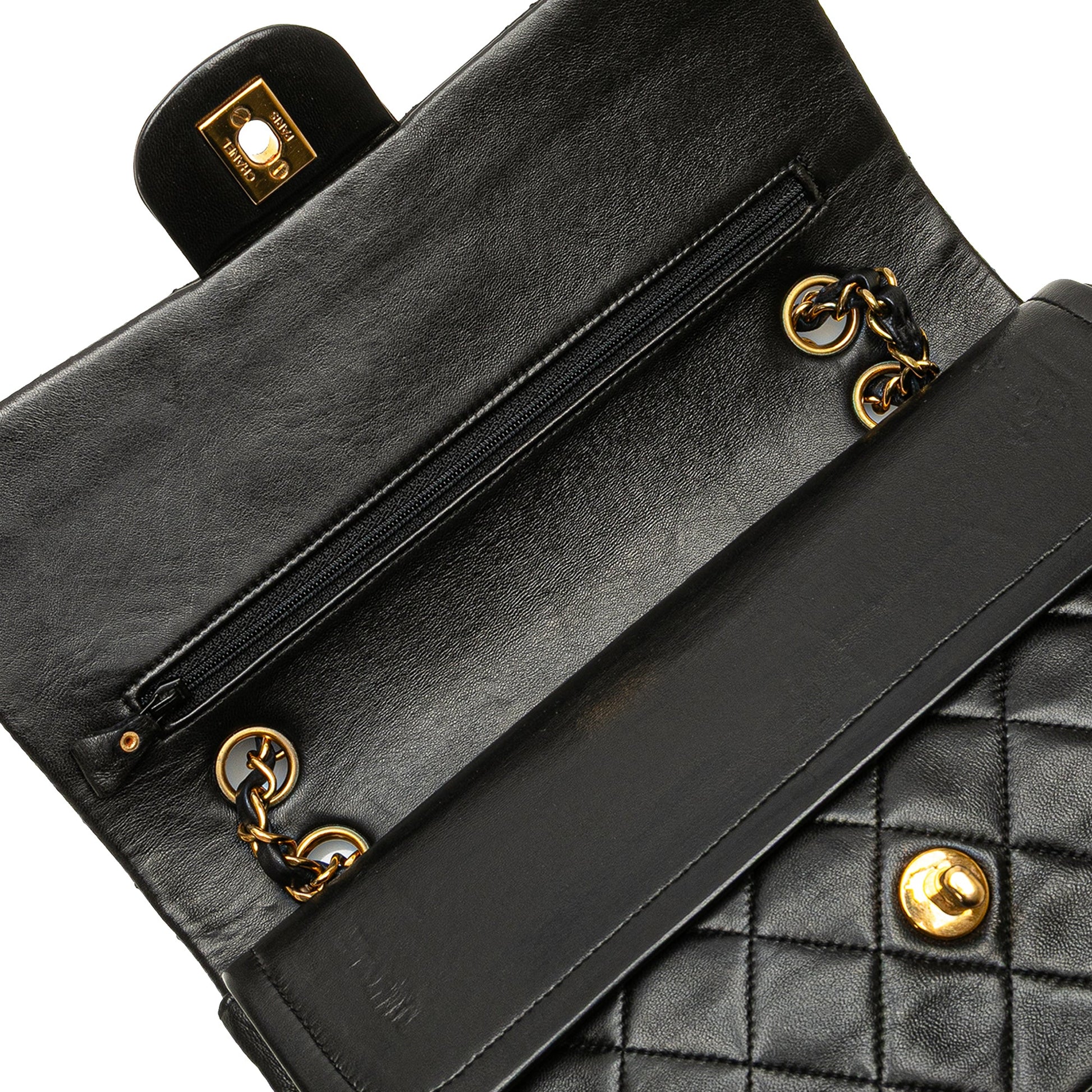 Second hand Chanel Vintage Classic Double Flap Medium Lambskin Leather Matelassè Shoulder Bag Black - Tabita Bags