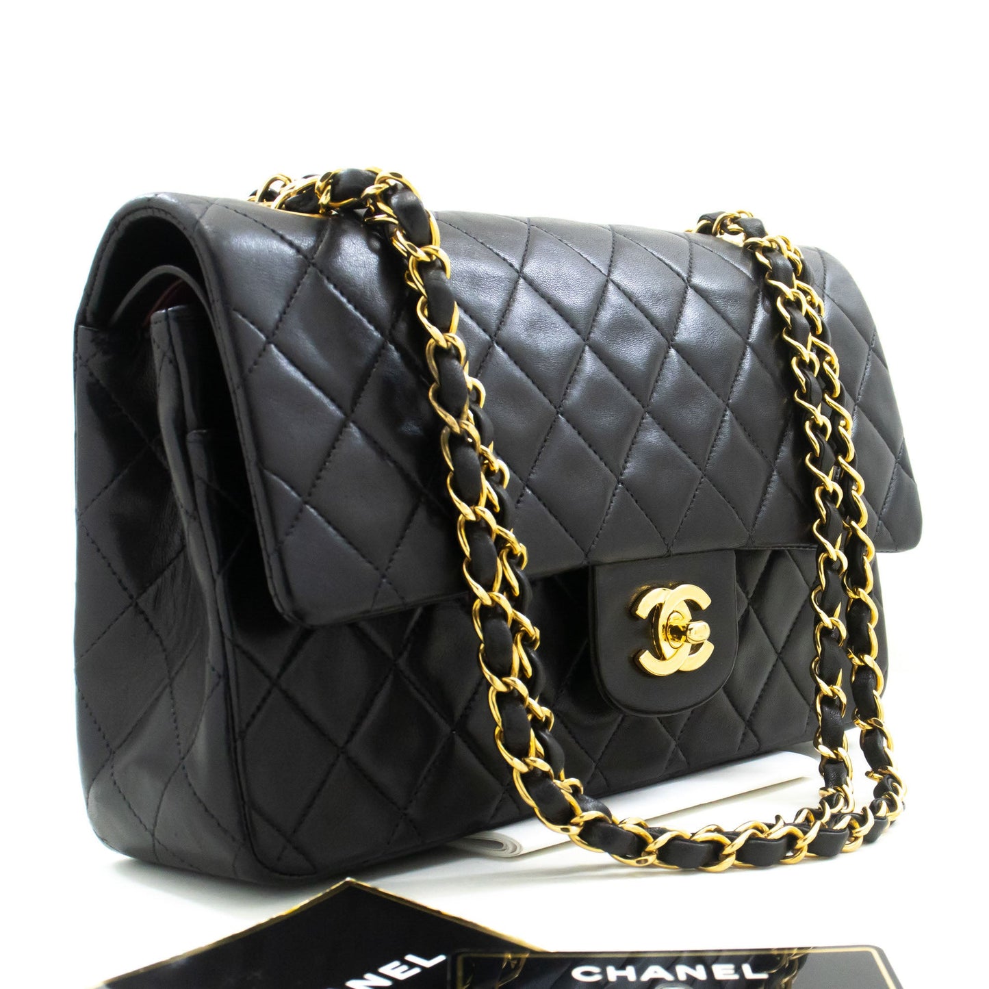Second hand Chanel Vintage Classic Double Flap Medium Lambskin Leather Matelassè Shoulder Bag Black - Tabita Bags