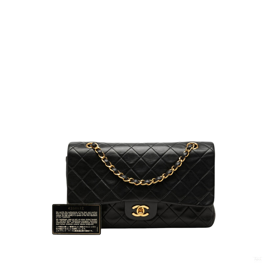 Second hand Chanel Vintage Classic Double Flap Medium Lambskin Leather Matelassè Shoulder Bag Black - Tabita Bags