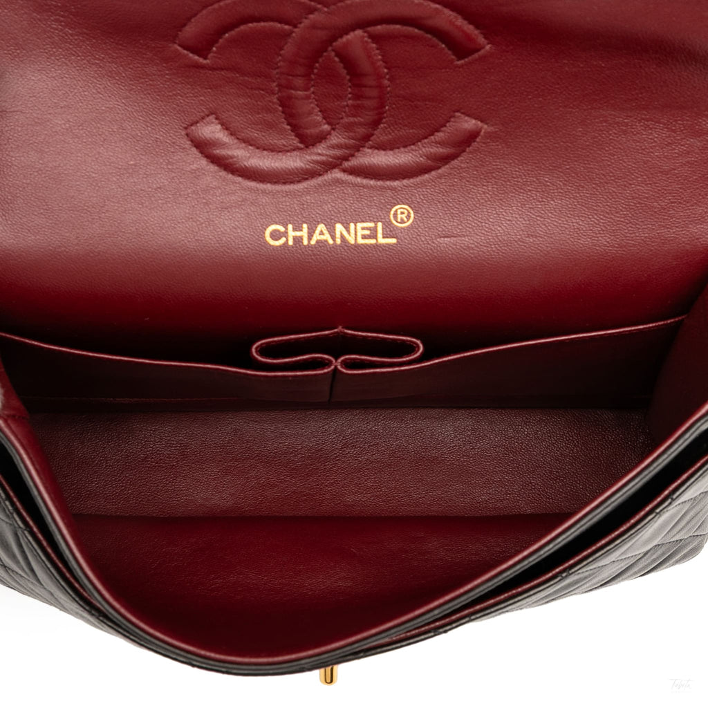 Second hand Chanel Vintage Classic Double Flap Medium Lambskin Leather Matelassè Shoulder Bag Black - Tabita Bags