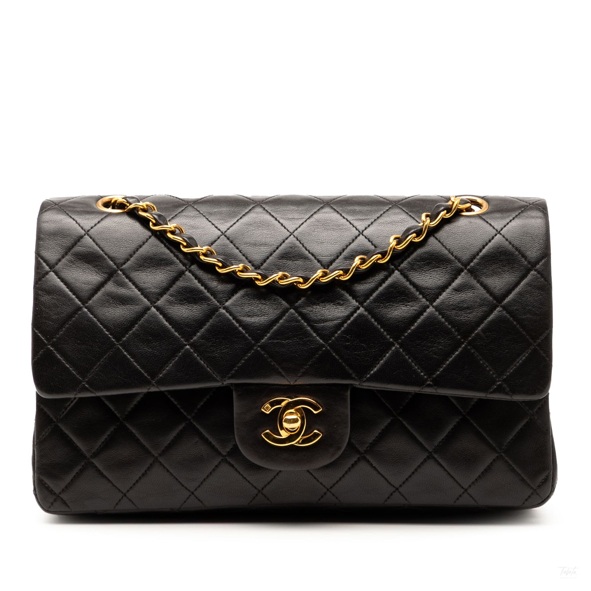Second hand Chanel Vintage Classic Double Flap Medium Lambskin Leather Matelassè Shoulder Bag Black - Tabita Bags