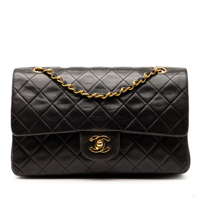 Second hand Chanel Vintage Classic Double Flap Medium Lambskin Leather Matelassè Shoulder Bag Black - Tabita Bags