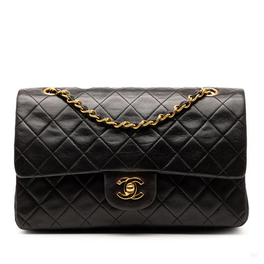 Second hand Chanel Vintage Classic Double Flap Medium Lambskin Leather Matelassè Shoulder Bag Black - Tabita Bags