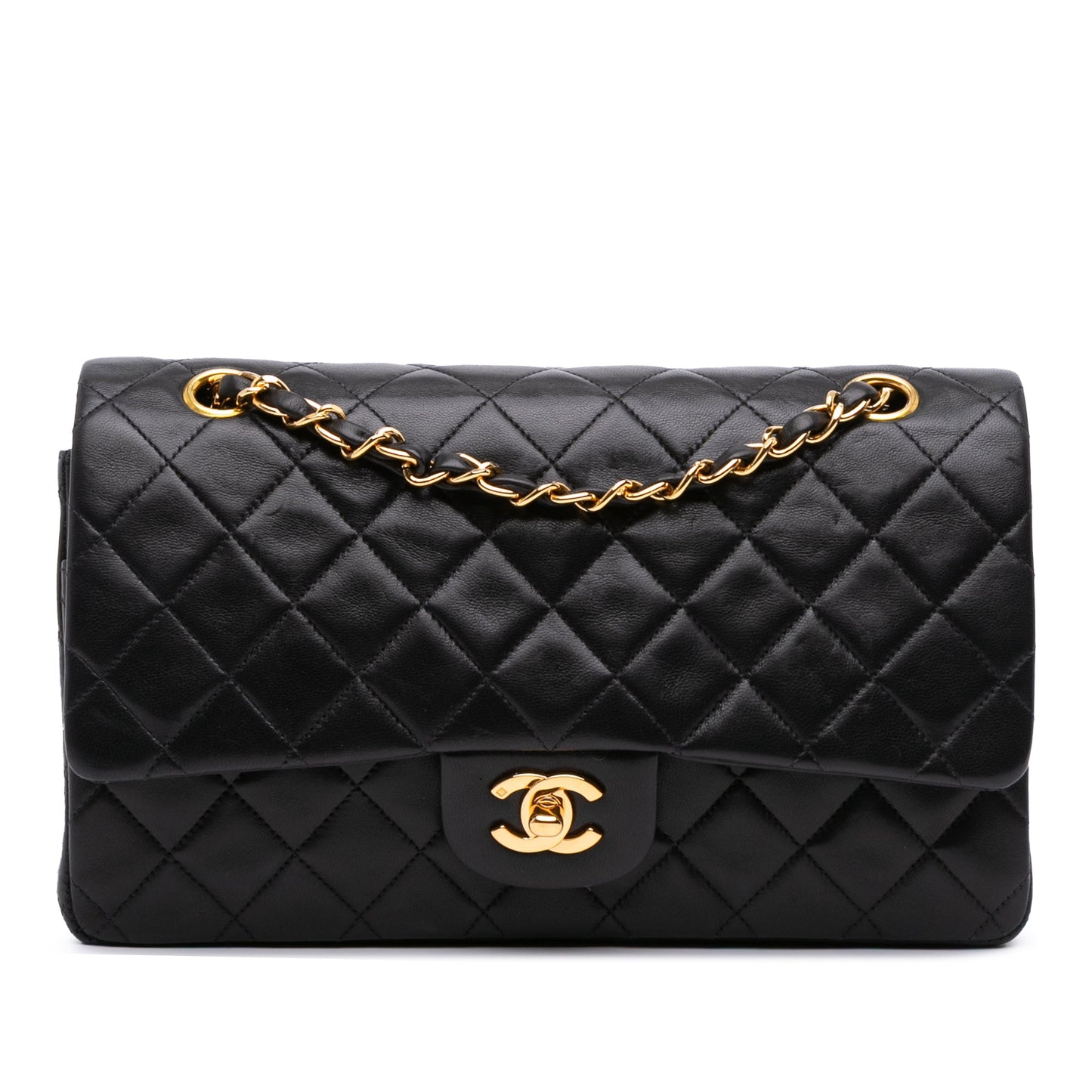 Second hand Chanel Vintage Classic Double Flap Medium Lambskin Leather Matelassè Shoulder Bag Black - Tabita Bags