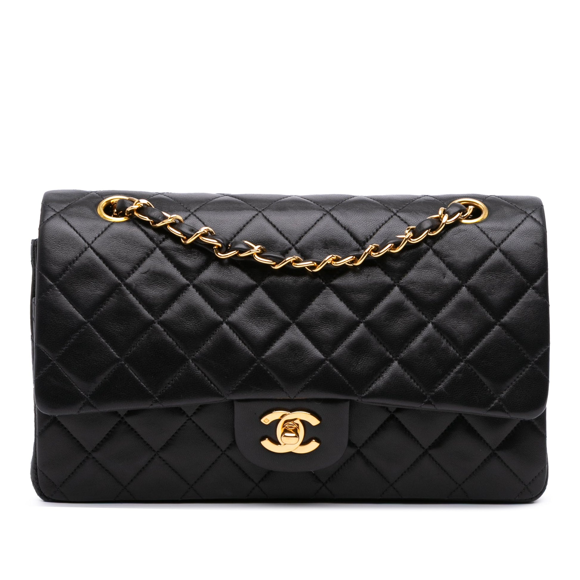 Second hand Chanel Vintage Classic Double Flap Medium Lambskin Leather Matelassè Shoulder Bag Black - Tabita Bags