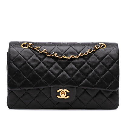 Second hand Chanel Vintage Classic Double Flap Medium Lambskin Leather Matelassè Shoulder Bag Black - Tabita Bags