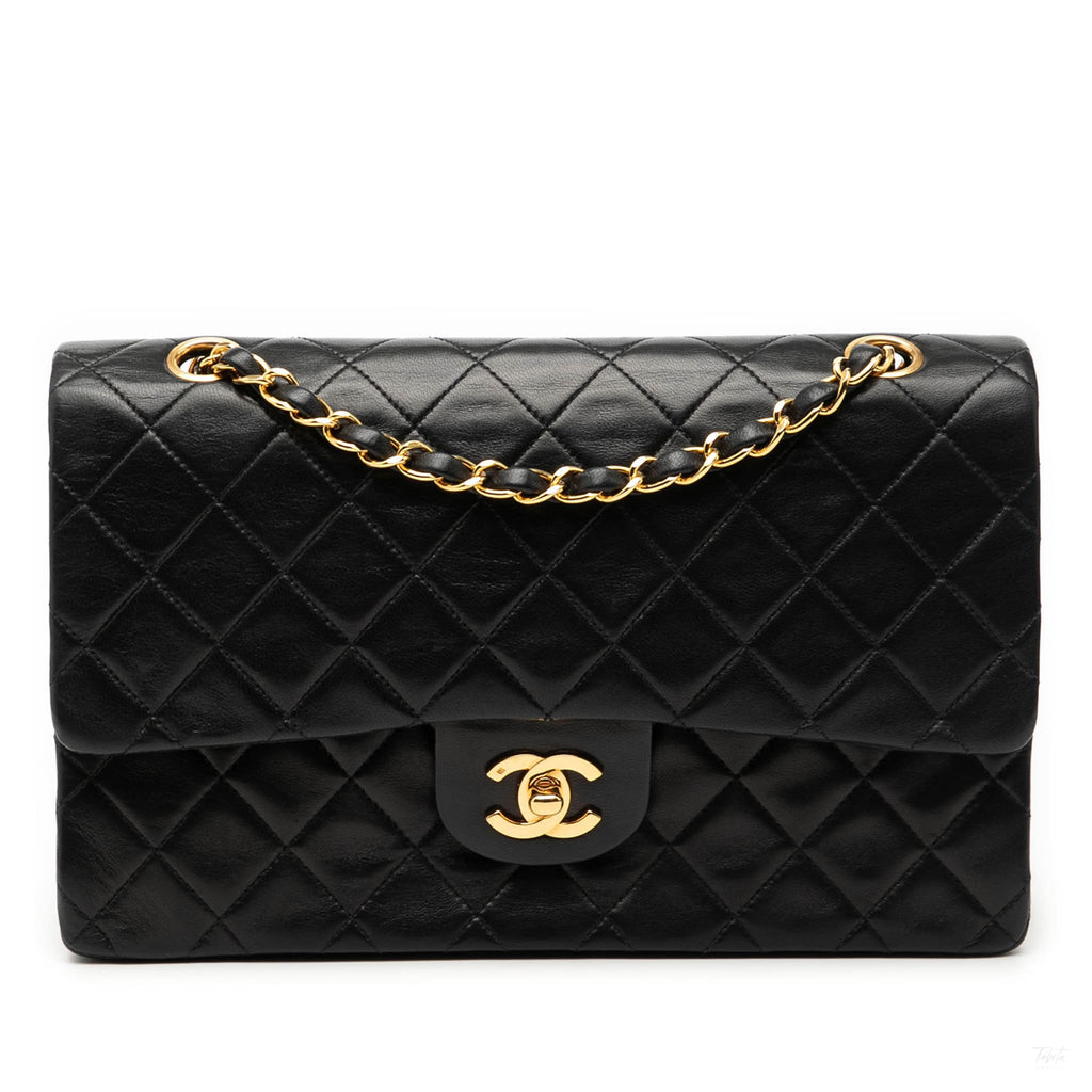 Second hand Chanel Vintage Classic Double Flap Medium Lambskin Leather Matelassè Shoulder Bag Black - Tabita Bags