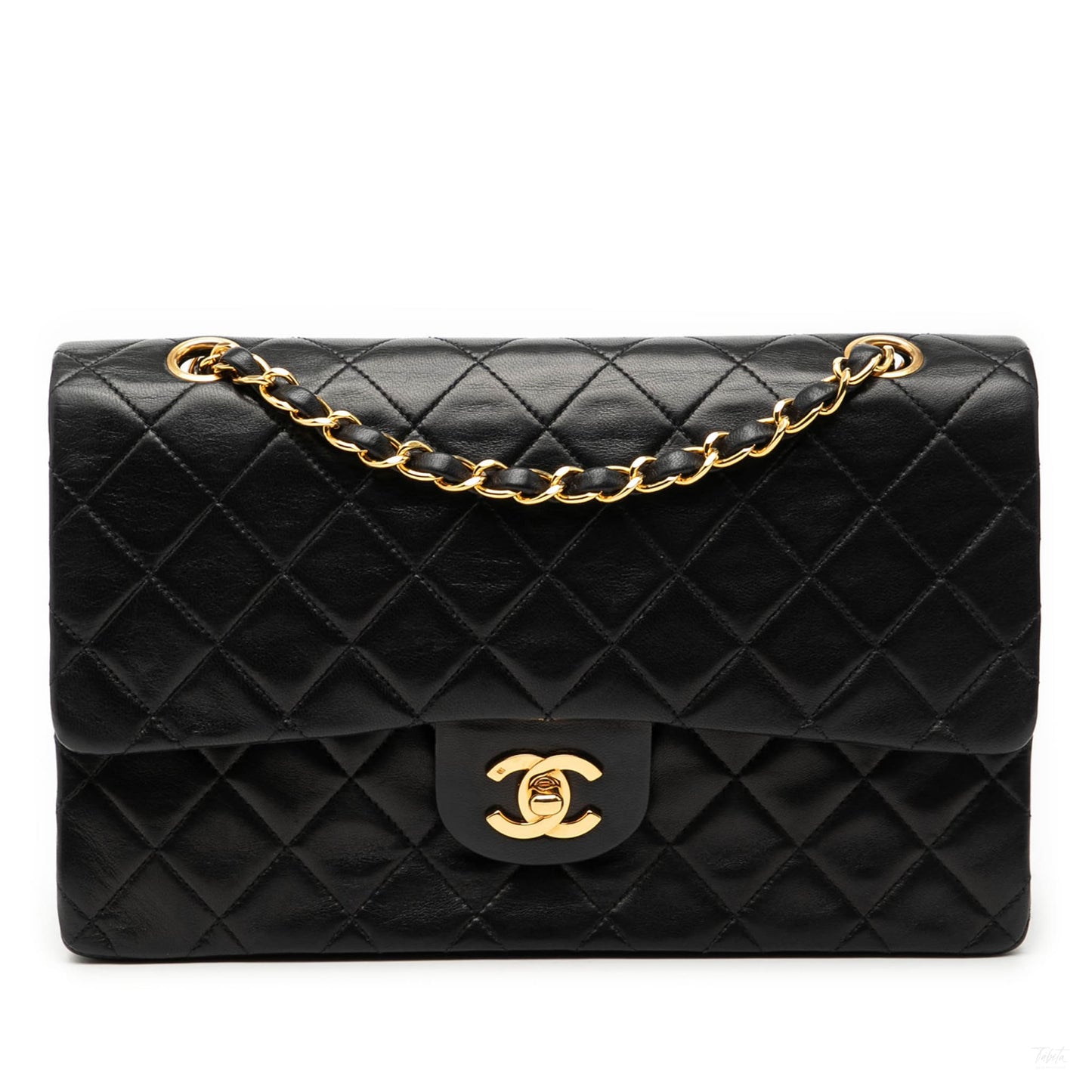 Second hand Chanel Vintage Classic Double Flap Medium Lambskin Leather Matelassè Shoulder Bag Black - Tabita Bags