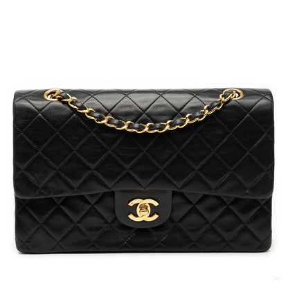 Second hand Chanel Vintage Classic Double Flap Medium Lambskin Leather Matelassè Shoulder Bag Black - Tabita Bags