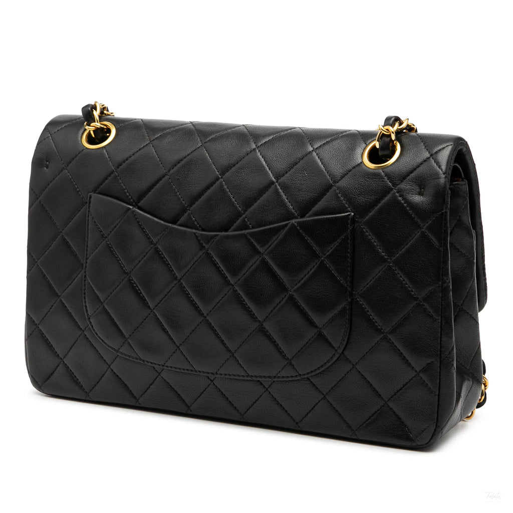 Second hand Chanel Vintage Classic Double Flap Medium Lambskin Leather Matelassè Shoulder Bag Black - Tabita Bags