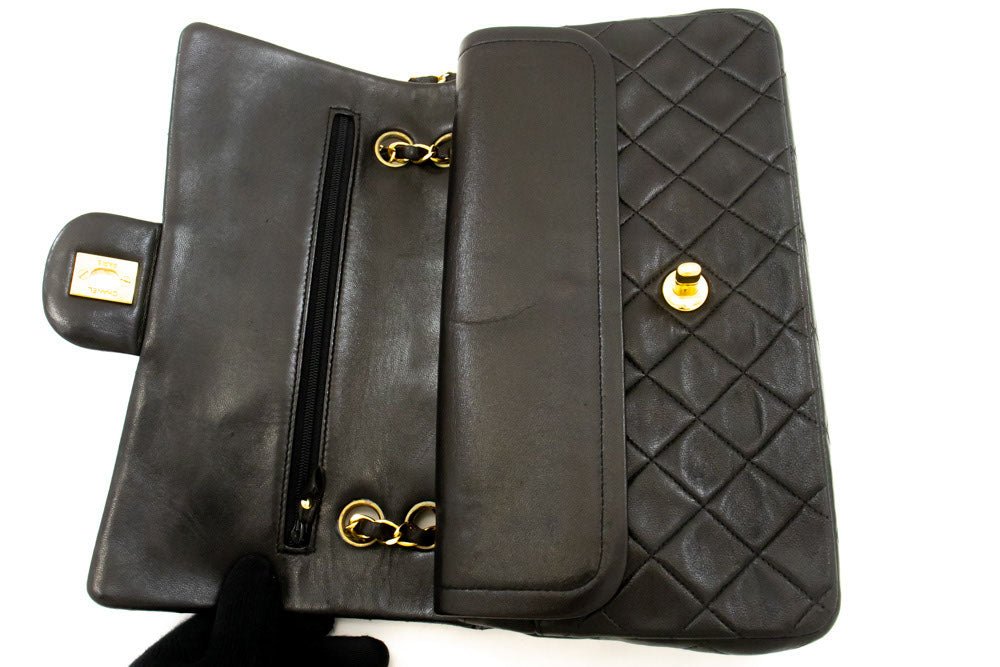 Second hand Chanel Vintage Classic Double Flap Medium Lambskin Leather Matelassè Shoulder Bag Black - Tabita Bags