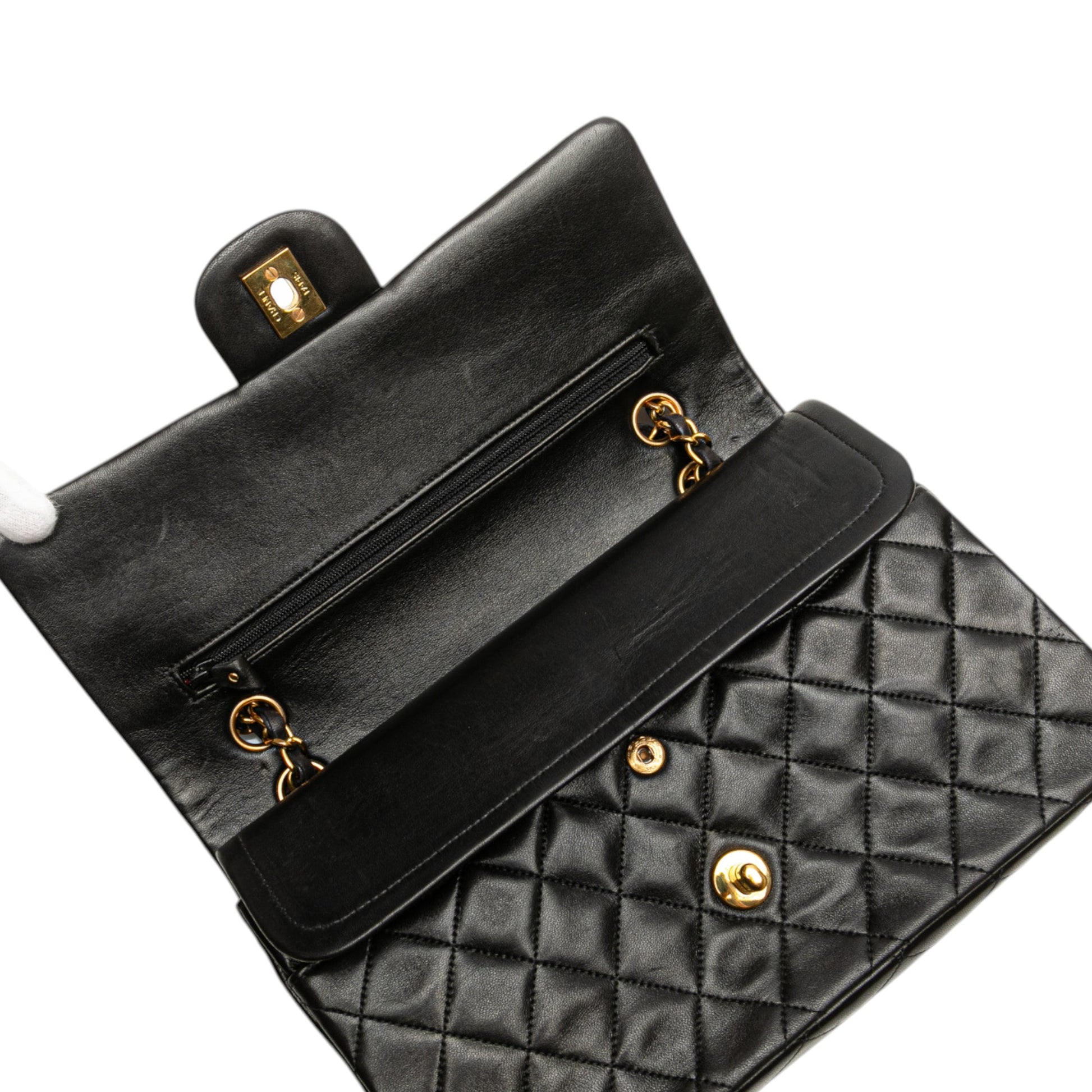 Second hand Chanel Vintage Classic Double Flap Medium Lambskin Leather Matelassè Shoulder Bag Black - Tabita Bags