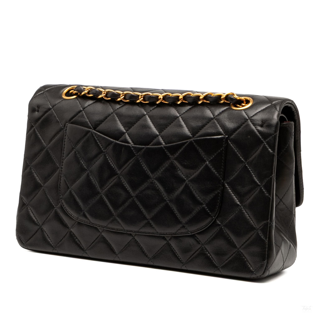Second hand Chanel Vintage Classic Double Flap Medium Lambskin Leather Matelassè Shoulder Bag Black - Tabita Bags
