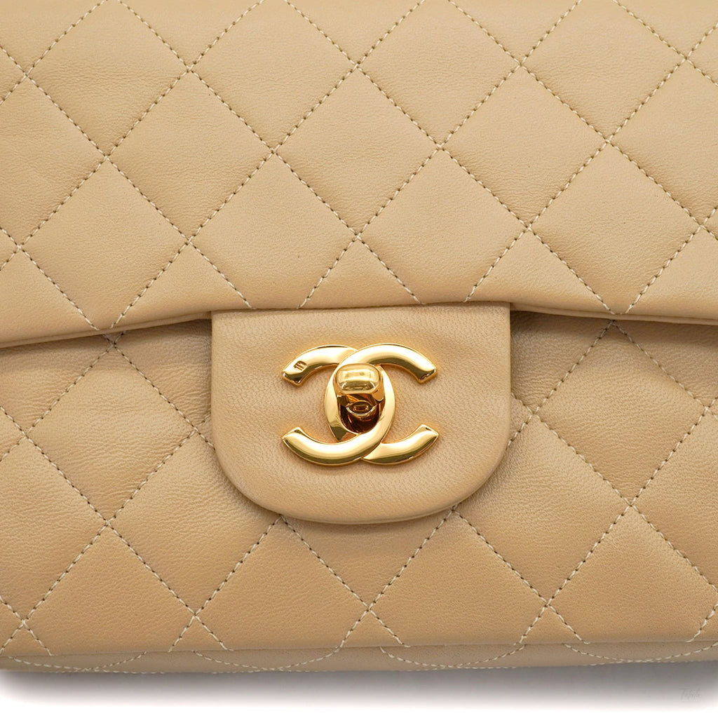 Second hand Chanel Vintage Classic Double Flap Small Lambskin Leather Matelassè Shoulder Bag Beige - Tabita Bags