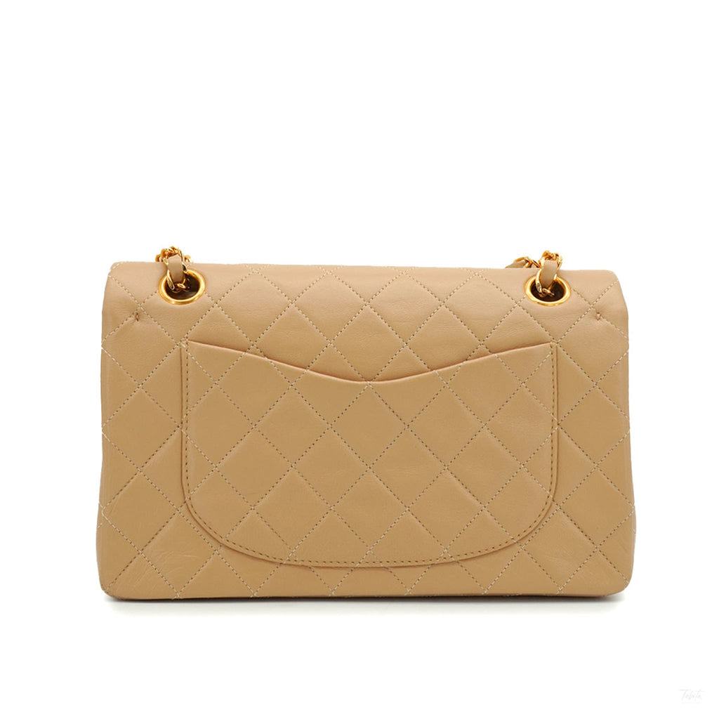 Second hand Chanel Vintage Classic Double Flap Small Lambskin Leather Matelassè Shoulder Bag Beige - Tabita Bags