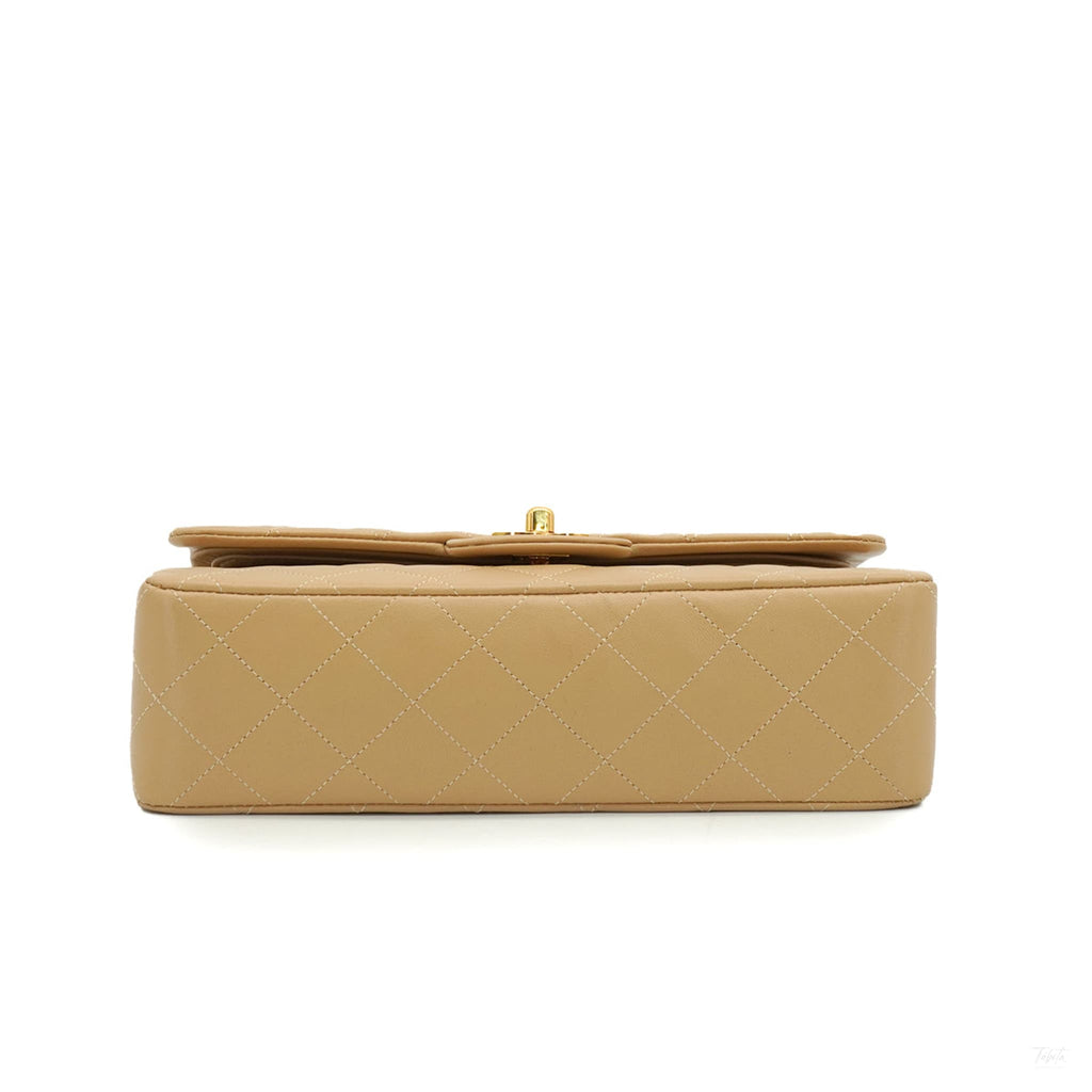 Second hand Chanel Vintage Classic Double Flap Small Lambskin Leather Matelassè Shoulder Bag Beige - Tabita Bags