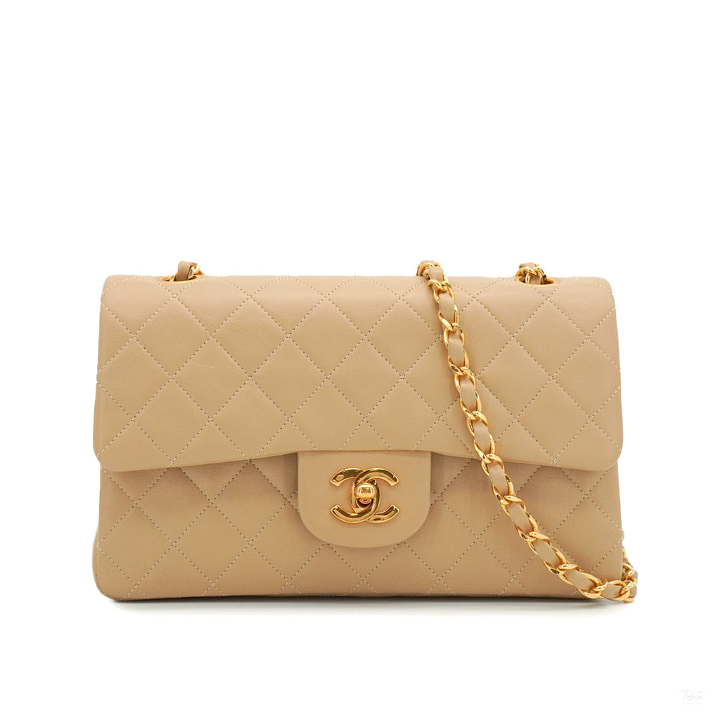 Second hand Chanel Vintage Classic Double Flap Small Lambskin Leather Matelassè Shoulder Bag Beige - Tabita Bags