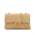 Second hand Chanel Vintage Classic Double Flap Small Lambskin Leather Matelassè Shoulder Bag Beige - Tabita Bags